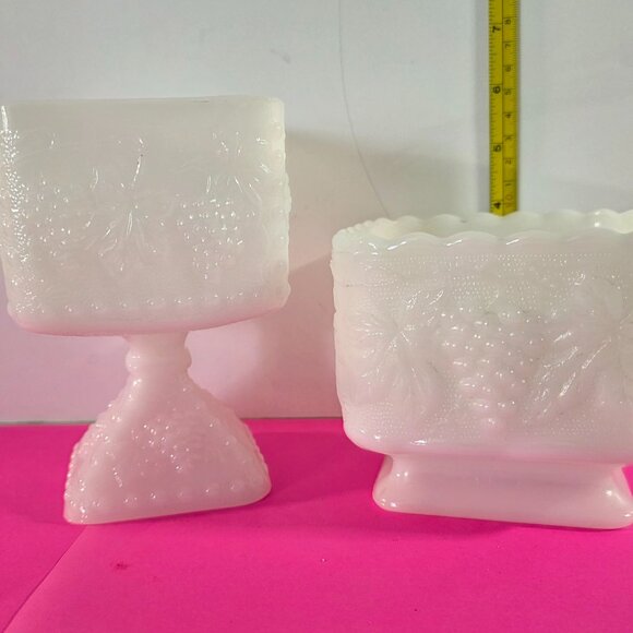 Two 4" and 6" White Grapes and Leaves Milk Glass Candy Dishes - Picture 1 of 6